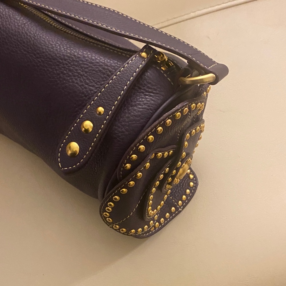 Leather Shoulder Bag with Gold Stud Flower Accent - Navy - Picture 3 of 5